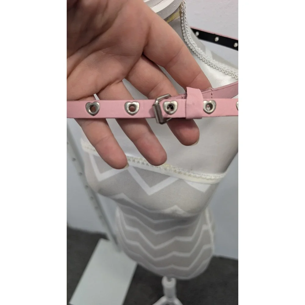 Skinny Pink Belt Heart Shaped Grommet Eyelet Silver Buckle‎ Y2K Accessory